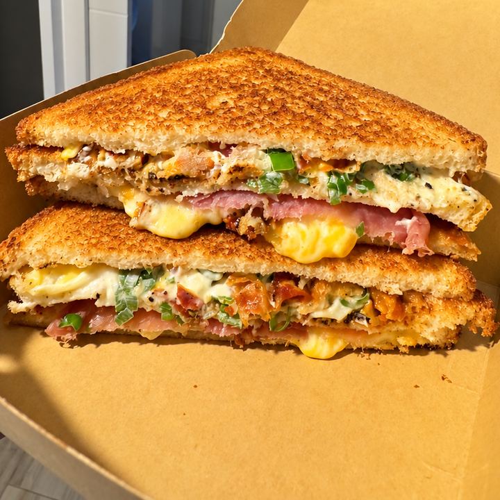 Grilled cheese au jambon, pain doré et fromage fondant, dans sa boîte à emporter